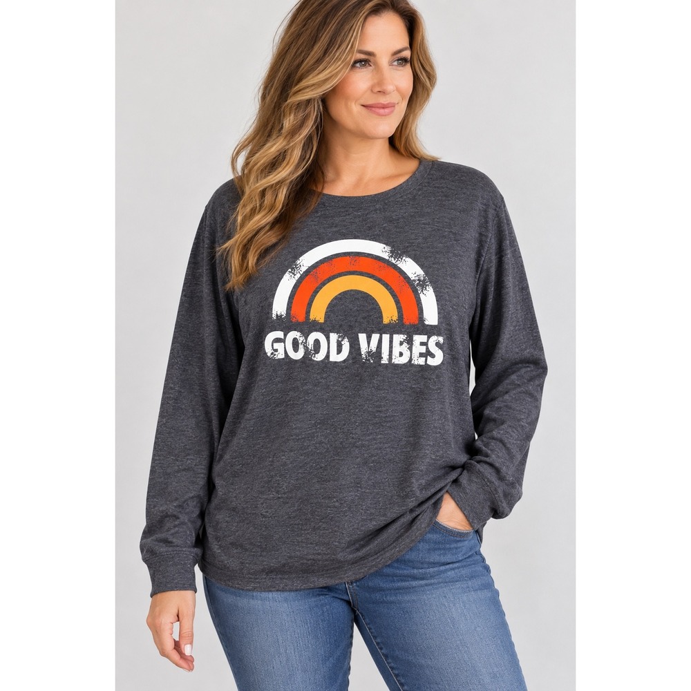 Women's Good Vibes Rainbow Graphic Long Sleeve Tee Charcoal Gray XL